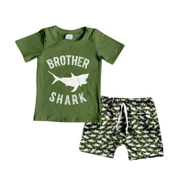 MOQ:5sets each design custom order baby boy clothes green shark summer outfit