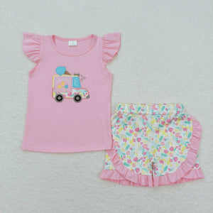 GSSO0644 RTS  baby girl clothes Ice cream cart embroidery toddler girl summer outfit