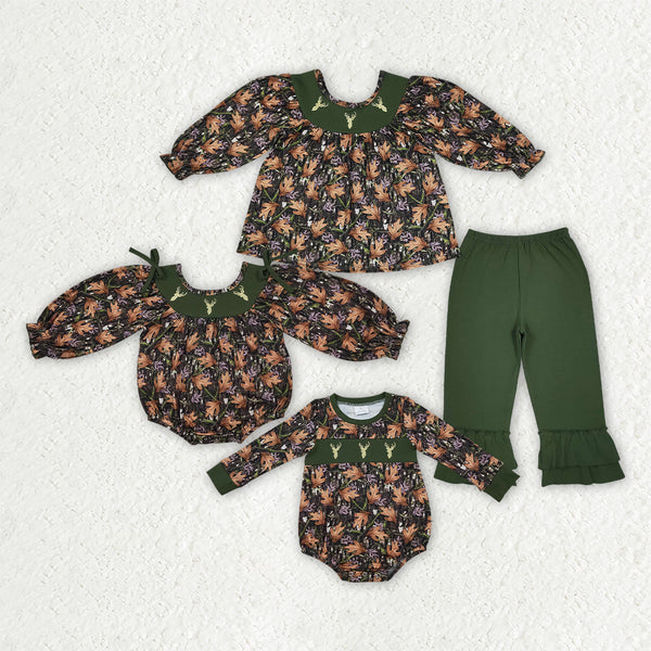 RTS Matching clothing kids fall leaf deer head embroidery print baby girl long sleeve bubble romper and outfit-2026.10.7