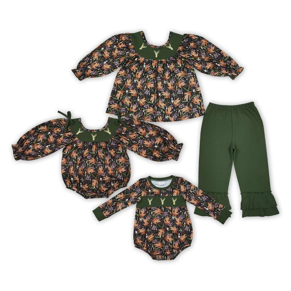 RTS Matching clothing kids fall leaf deer head embroidery print baby girl long sleeve bubble romper and outfit-2026.10.7