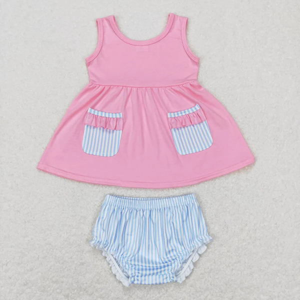 GBO0226 RTS baby girl clothes pocket sleeveless girl pink bummies set
