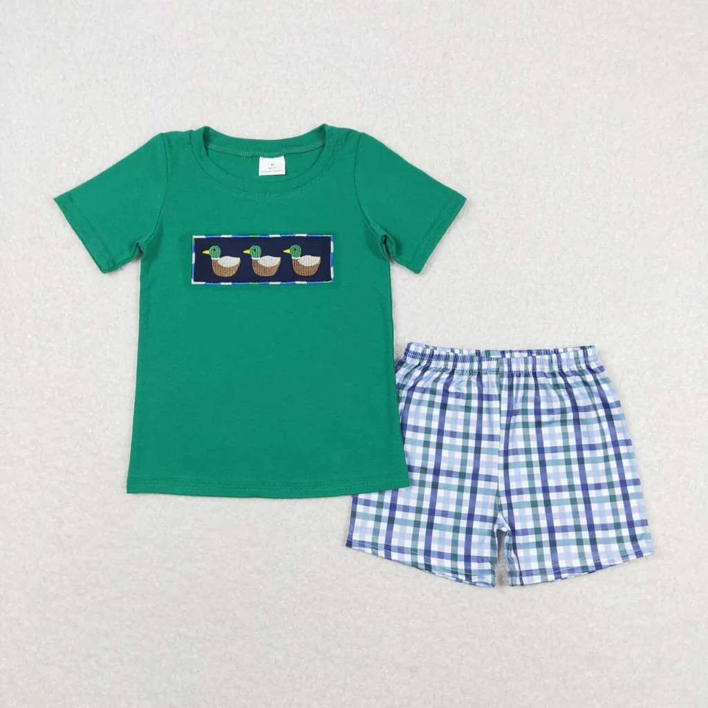 BSSO0589 RTS baby boy clothes mallard toddler boy summer outfit embroidery