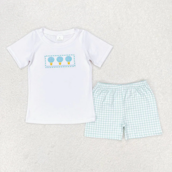 BSSO0784 3-6M to 7-8T RTS baby boy clothes embroidery hot air balloon boy summer outfit