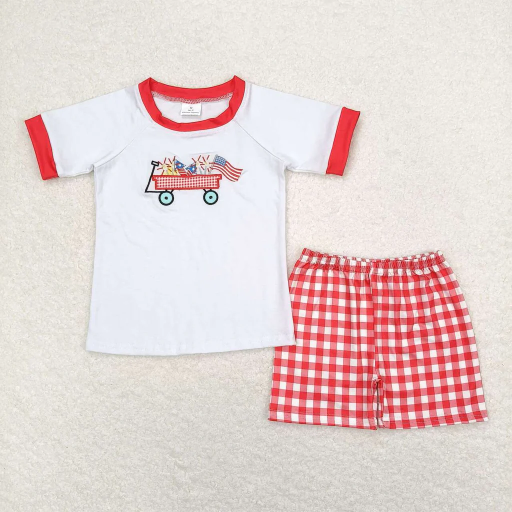 BSSO0618 RTS baby boy clothes flag 4th of July patriotic embroidery  toddler boy summer outfit