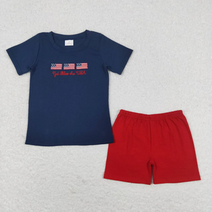 BSSO0713 RTS baby boy clothes  4th of July embroidery patriotic toddler boy summer outfits