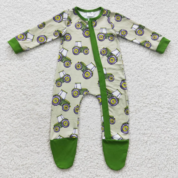 LR0386 RTS baby boy clothes green tractor winter romper zipper romper