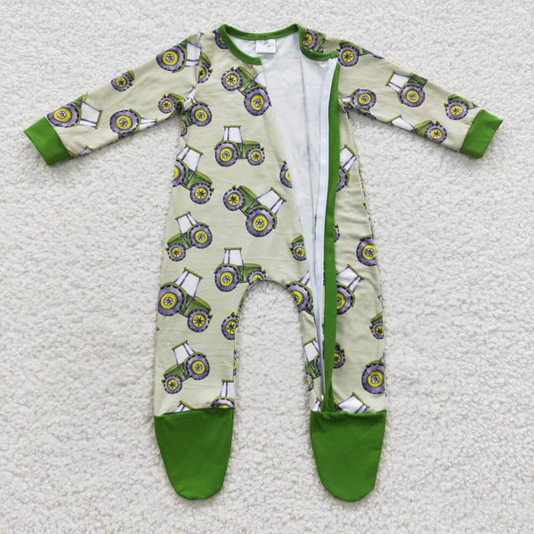 LR0386 RTS baby boy clothes green tractor winter romper zipper romper