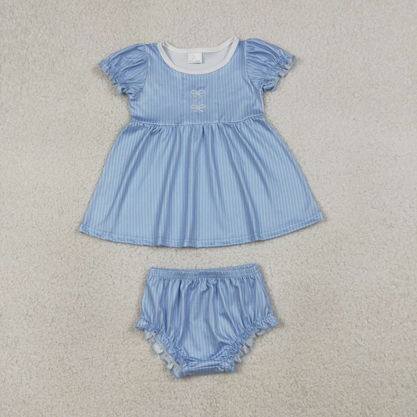 GBO0486 RTS toddler girl clothes blue bows embroidery girl summer bummies embroidery set