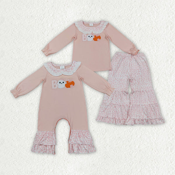 RTS Matching clothing kids Halloween ghost pumpkin embroidery leopard print baby girl long sleeve romper and outfit-2026.10.7