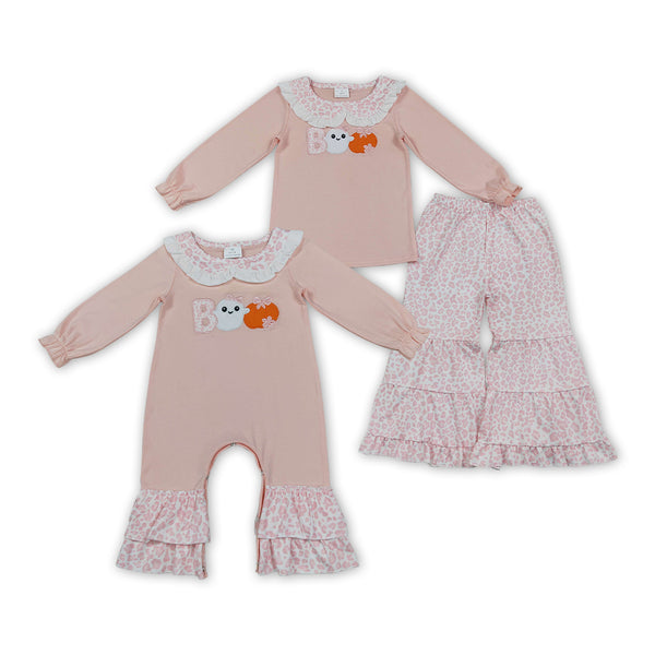 RTS Matching clothing kids Halloween ghost pumpkin embroidery leopard print baby girl long sleeve romper and outfit-2026.10.7
