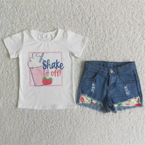 girl clothes shake if off summer denim shorts 2pcs set