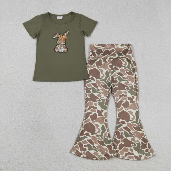 GSPO2110 RTS  toddler girl clothes camo rabbit girl easter bell bottom set