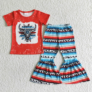 GSPO0052 RTS kids clothing girl cow farm red short sleeve fall spring set-promotion 6.1 $5.5