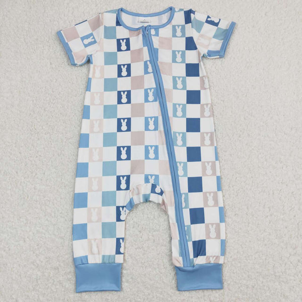 SR1013 baby boy clothes rabbit plaid boy zipper summer romper
