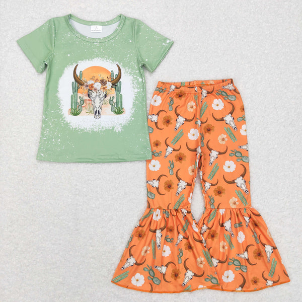 GSPO0990 toddler girl clothes cow green western girl bell bottom outfit