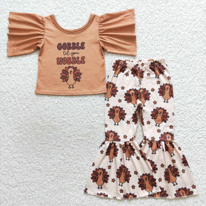 GSPO0702 toddler girl clothes brown gobble hobble turkey girl thanksgiving outfit