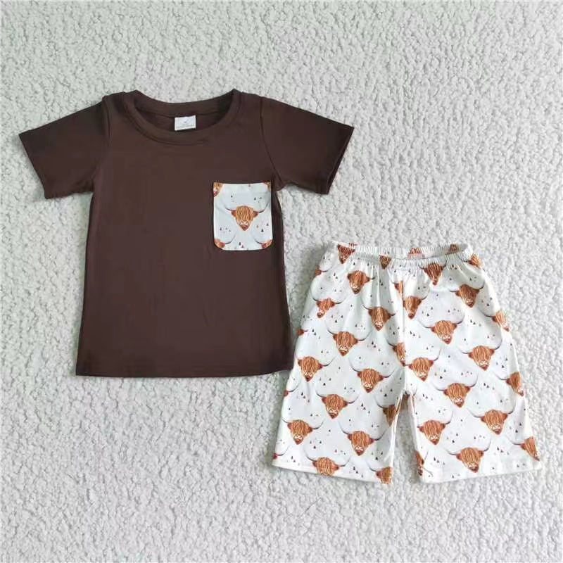 BSSO0032 kids clothing boy brown cow pocket summer set-promotion 2024.4.5 $5.5