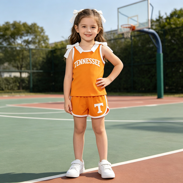 RTS GSSO3829 kids girl clothes cotton orange summer bows shorts set 2