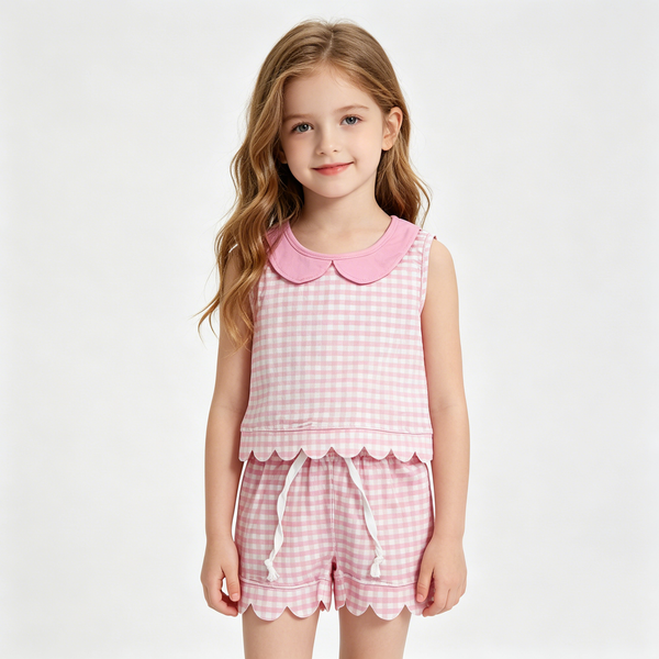 GSSO3394 RTS kids clothes pink gingham print girl summer outfit  clothing set scalloped summer shorts set