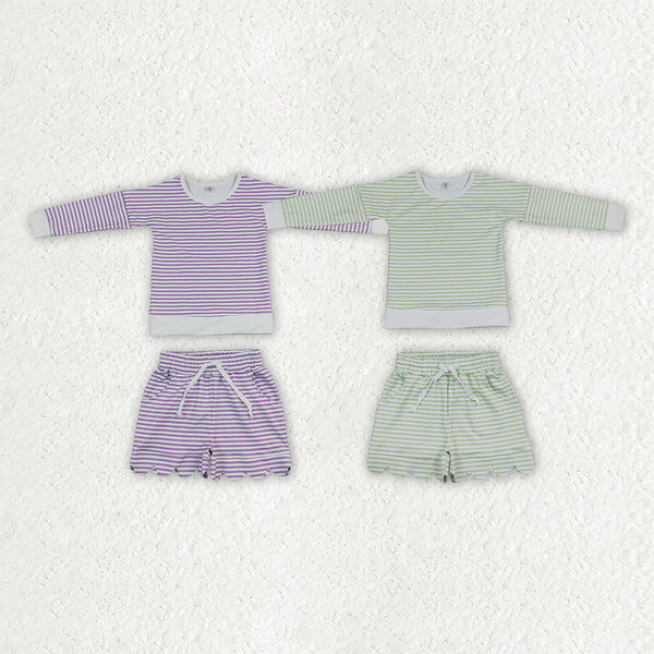 RTS Matching clothing kids stripe mixed print toddler girl long sleeve scallop shorts outfit-2026.10.7