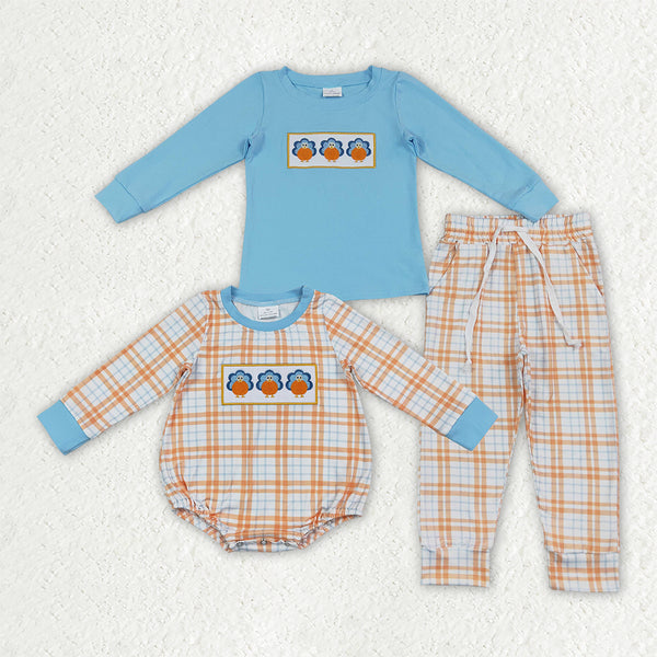 RTS Matching clothing family thanksgiving turkey embroidery plaid print kid long sleeve romper pant fall clothing-2026.9.19