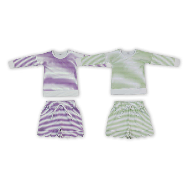 RTS Matching clothing kids stripe mixed print toddler girl long sleeve scallop shorts outfit-2026.10.7