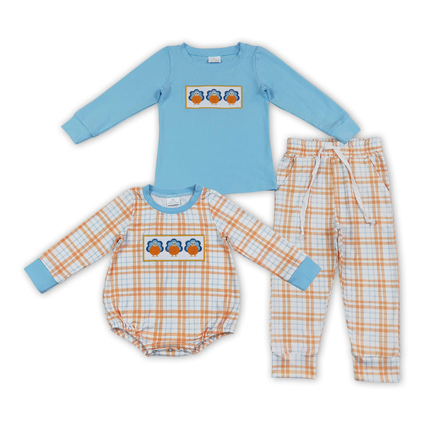 RTS Matching clothing family thanksgiving turkey embroidery plaid print kid long sleeve romper pant fall clothing-2026.9.19