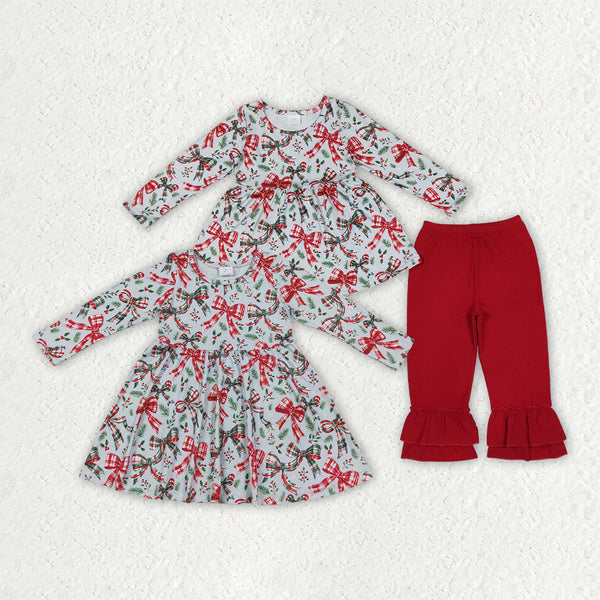 RTS Matching clothing kids Christmas bow print toddler girl long sleeve dress and ruffle pants-2026.10.7