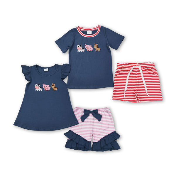 RTS toddler clothes matching pig horse cow farm clothing kids summer shorts set-embroidery
