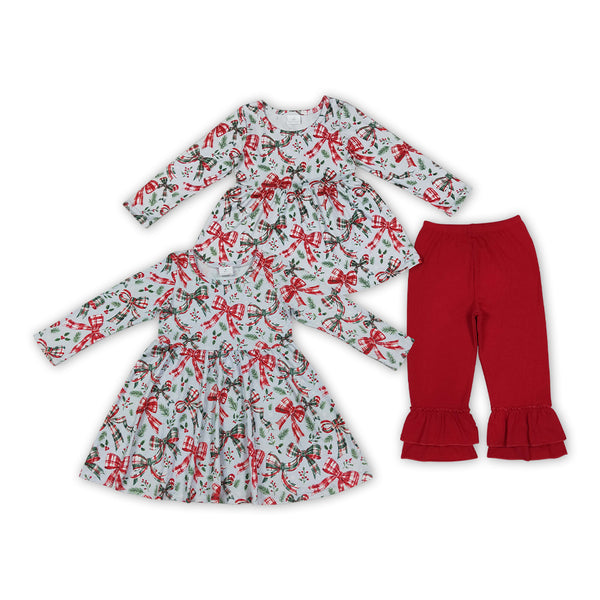 RTS Matching clothing kids Christmas bow print toddler girl long sleeve dress and ruffle pants-2026.10.7
