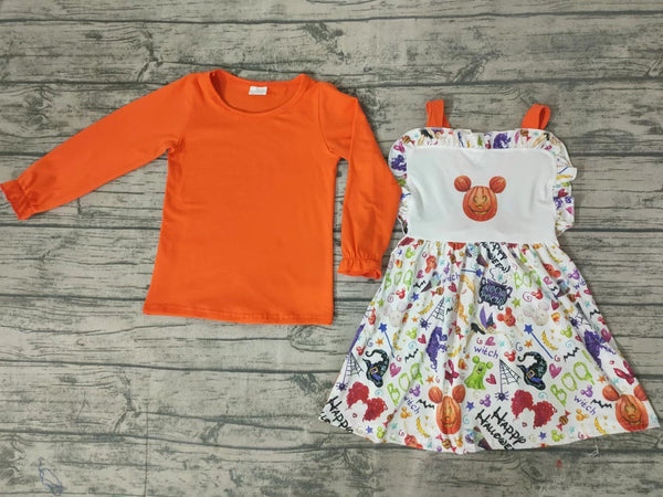 GLD0033 orange halloween clothes for kids shirt + dress set