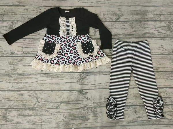 GLP0232 baby girl outfit set winter black leopard pocket set