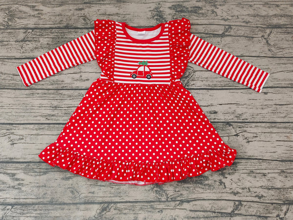 GLD0145 toddler girl dresses red tree truck christmas dress