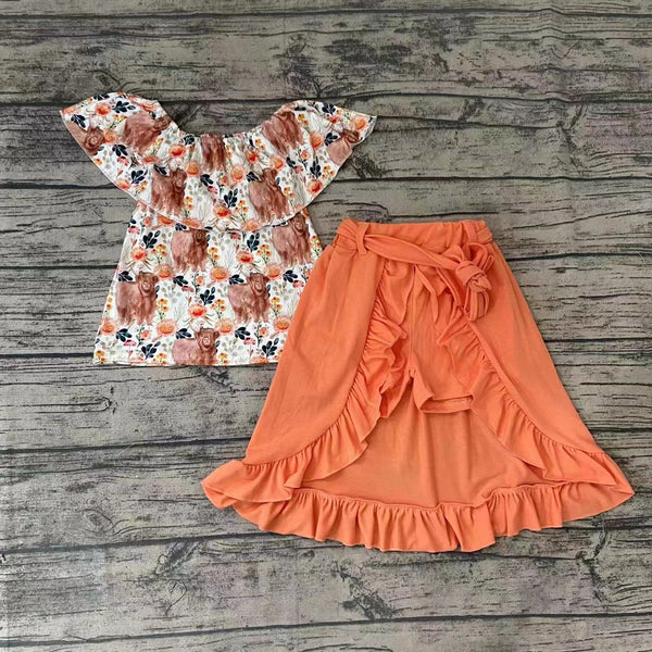 GSSO0184 kids clothes girls summer outfits orange floral skirt set