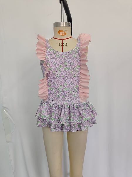 S0331 RTS baby girl clothes floral pink girl summer swimsuit beach wear 1