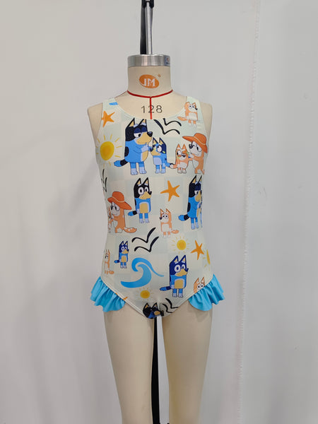 S0356 RTS baby girl clothes cartoon dog girl summer swimsuit beach wear 1