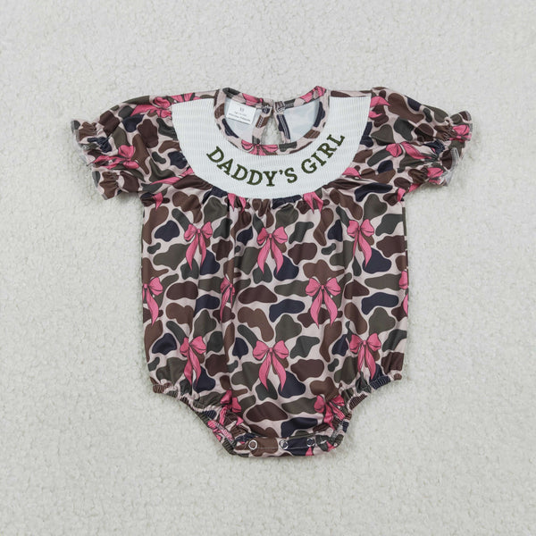 SR3105 RTS baby girl clothes daddy's girl smoock camo bows smocked girl summer bubble