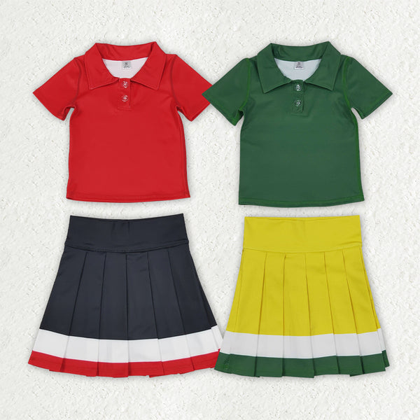RTS Matching clothing kids yoga solid polo color block pleated skirt toddler girl short sleeve outfit-2026.10.7