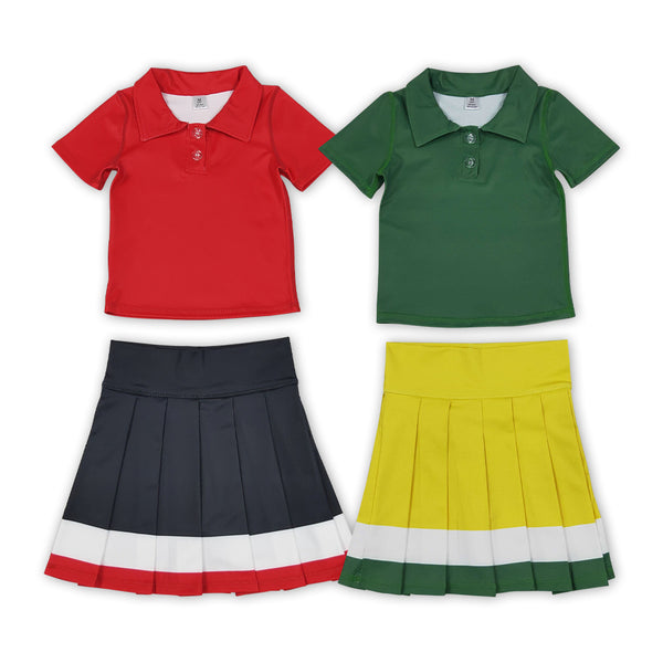 RTS Matching clothing kids yoga solid polo color block pleated skirt toddler girl short sleeve outfit-2026.10.7