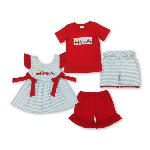 RTS toddler clothes red tractor matching kids summer shorts set-embroidery
