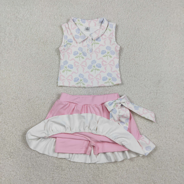 GSD3478 RTS  toddler girl clothes  bows print girl yoga summer skirt set sports clothing set