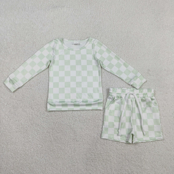 GLS0086 RTS toddler girl clothes green gingham print girl summer set