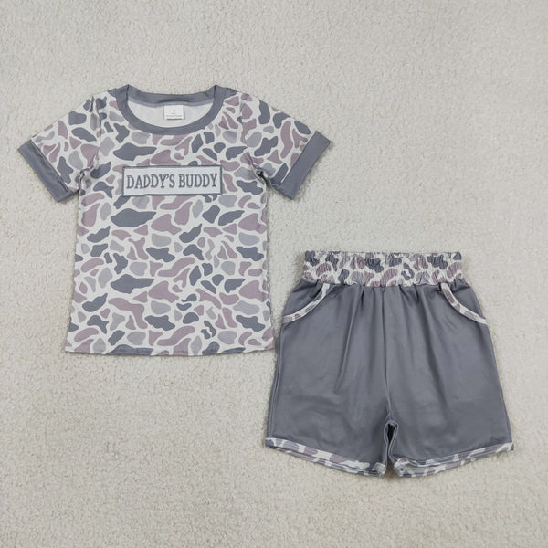 BSSO1838 RTS kids clothes boy summer outfit daddy's buddy camo clothing embroidery set