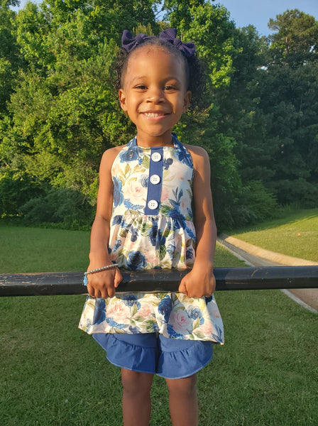 D7-19 baby girl clothes navy floral summer shorts set