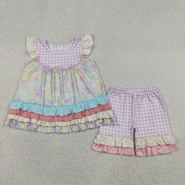 GSSO3485 RTS kids clothes bows floral ruffels girl summer outfit shorts set