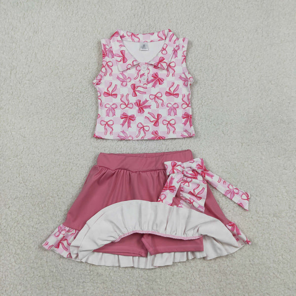 GSD3480 RTS toddler girl clothes  bows print girl yoga summer skirt set sports clothes