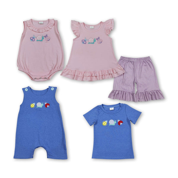 RTS Matching kids clothing embroidery snails print clothing baby summer clothing-2026.5.1