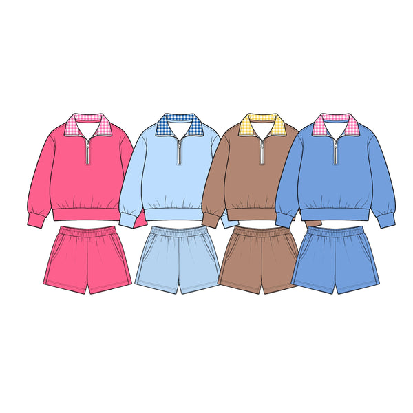 MOQ:5 pcs pre-order Each Style Solid Color Cotton Plaid Girls Shorts Set-2026.8.28