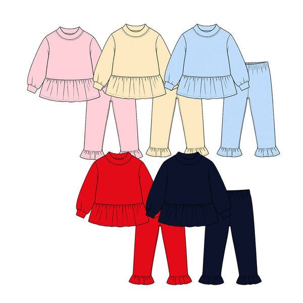 MOQ 5 pcs pre-order Each Color Solid Color Cotton Ruffles Girls Set-2026.8.21