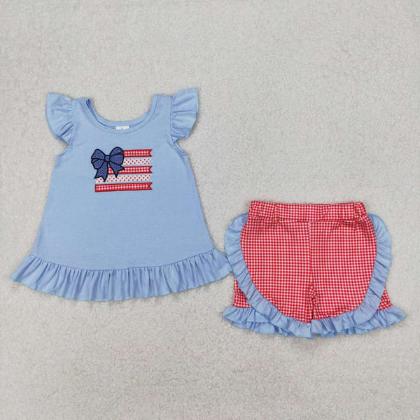 GSSO1822 RTS kids clothing girl 4th of July summer shorts set embroidery